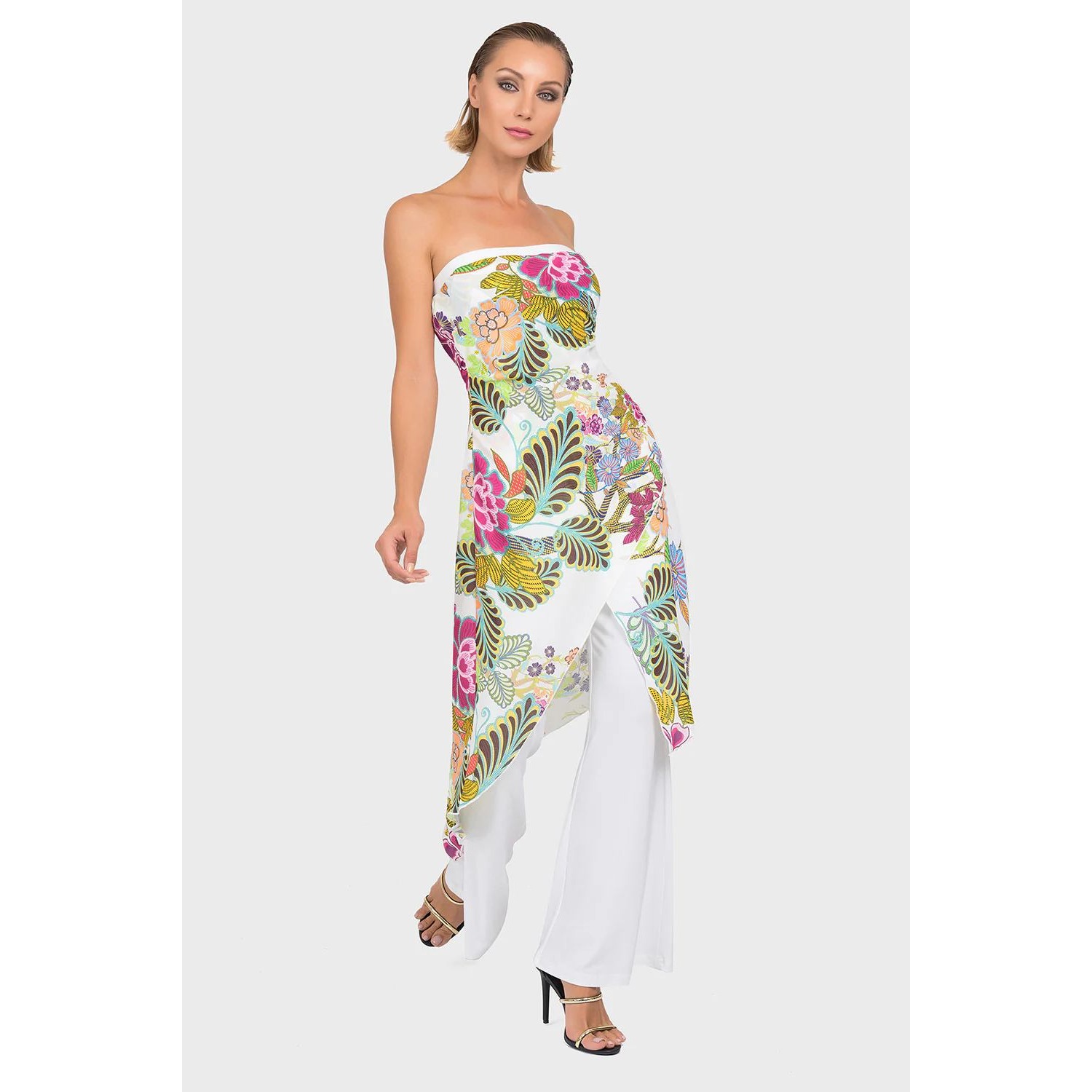 Joseph Ribkoff Jumpsuit Womens 12 White Floral Print Overlay Wide Leg 192624